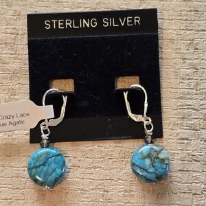 Vintage Sterling Silver, Old Crazy Lace Blue Agate And Swarowski Earrings